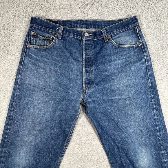 Levis 501 Jeans Mens 38x33 Blue Straight Fit Button Fly‎ Denim Logo (36x29) - Picture 2 of 15